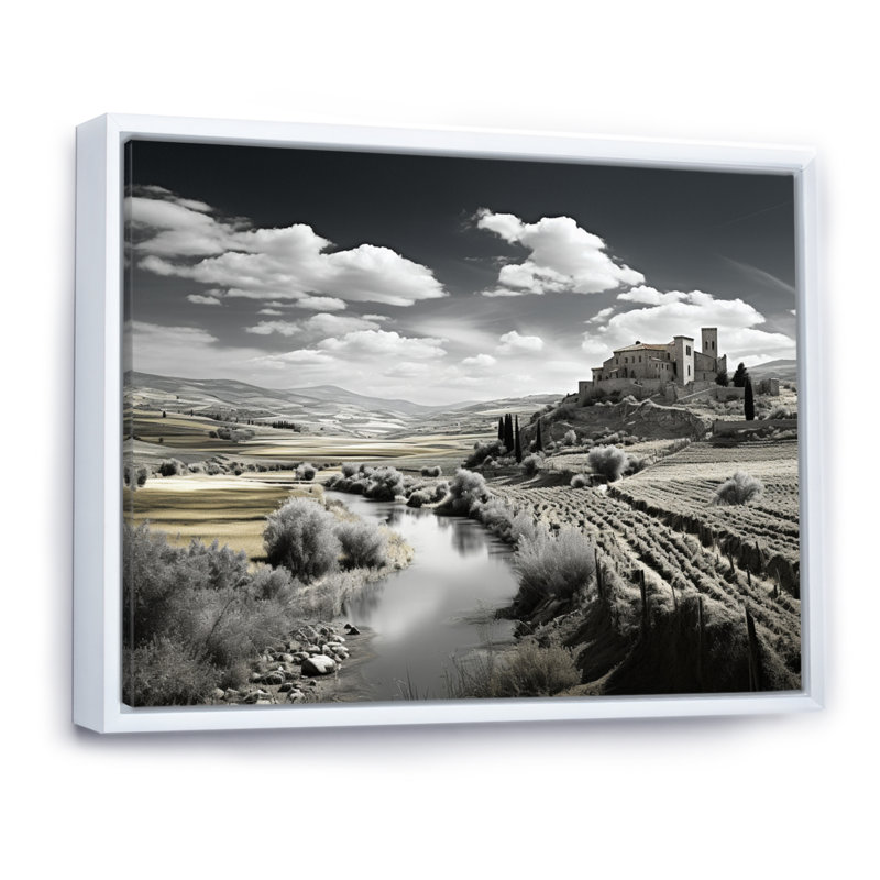 Paysage noir et blanc de l'Espagne sur toile, H 30 po x l 40 po x P 1,5 po, Cadre flottant blanc