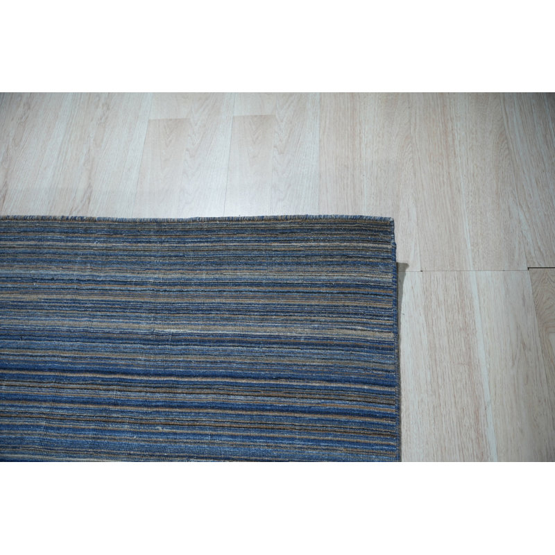 5x8 Blue Hand-Knotted Wool Horizon Stripe Geometric Modern Contemporary Carpet Rug