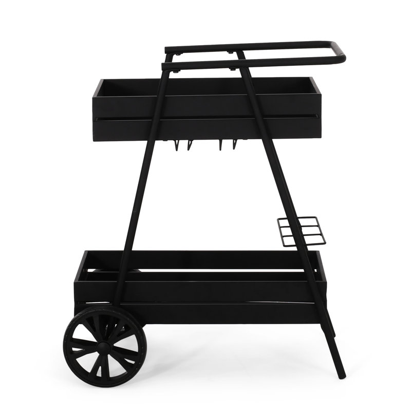 Chariot-bar mobile en fer au design industriel moderne, 3 porte-bouteilles de vin - l 27,25 po x P 16,93 po H 31,75 po, style noir avec cadre et finition