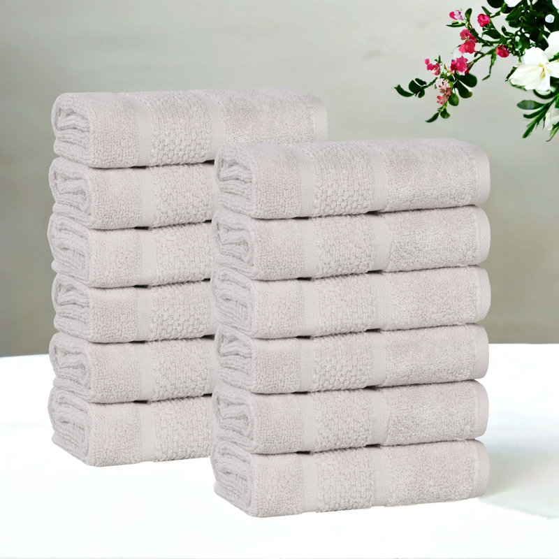 Mile Smart Twist Viscose Cotton Blend Medium Weight Solid Thick Border Towel Set, Silver, Washcloth - 12 Pack