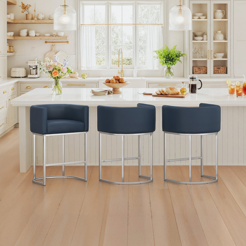 Jessica 26" Upholstered Counter Stool with Metal Frame, Navy Blue/Faux Leather, Silver
