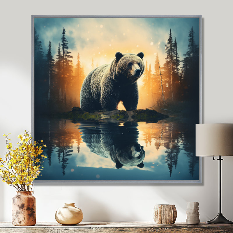 «Double Exposure Bear», art mural grand ours, H 24 po x l 24 po x P 1 po, Encadrement argenté