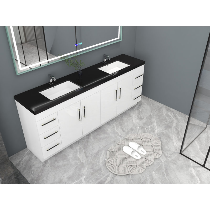 Ensemble de meuble-lavabo double 84 po Campney, Blanc ultrabrillant, Noir mat