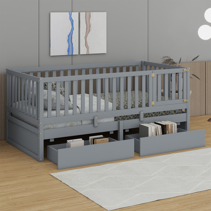 Daybed With Fence Guardrails And 2 Drawers, Split Into Independent Floor Bed & Daybed, Grey