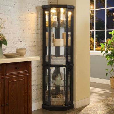 Vitrine de coin lumineuse - Vitrine de salon, objets de collection antiques, rangement pour verres à vin et à bar - Design élégant d'angle avec lumières incluses - NOIR