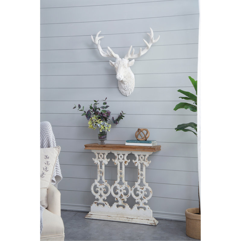 Console 32 po x 12 po x 32 po Classic Vintage White Wash avec plateau en bois brun