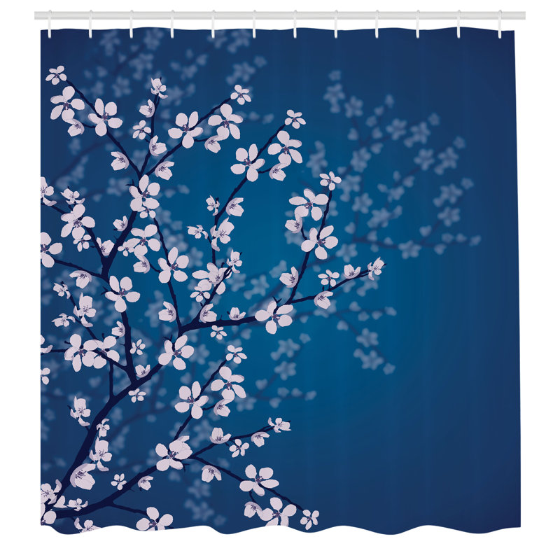 Dark Sky Blue Floral Fabric Shower Curtain with Hooks
