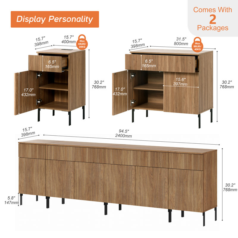 94.5" Modern Wood 4-Drawer Dresser With Reeded Design, Minimalist Dresser Organizer Storage Cabinet With Charging Station For Bedroom,Living Room, Entryway
