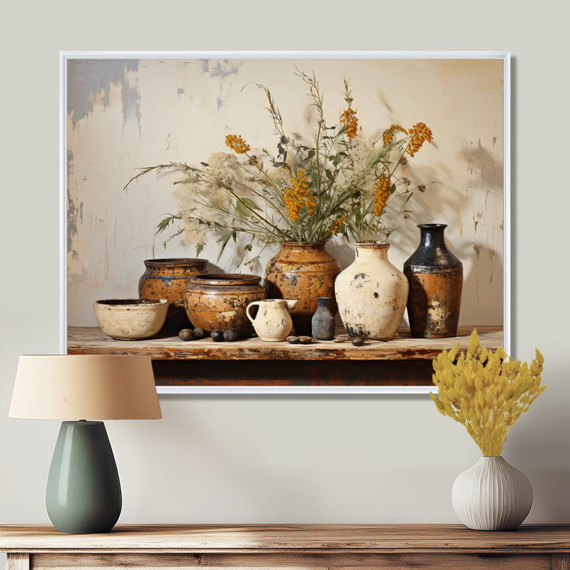 Art floral brun sur poterie rétro, H 24 po x l 32 po, Reproduction avec cadre flottant, Blanc