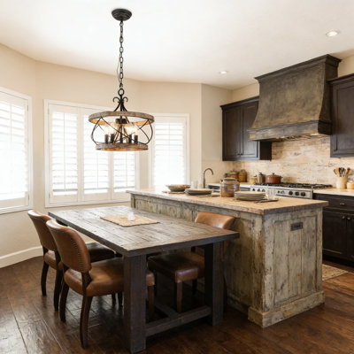 Farmhouse Chandelier With Wood Drum Shade, 5-Light French Country Lighting Fixture For Kitchen Island, Dining Room, Entryway, And Living Room