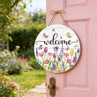 30Cm/11.81In Spring Summer Floral Welcome Wooden Door Hanging Sign Circular Tulip & Butterfly Design With Elegant Cursive Lettering, Farmhouse Porch Window Decoration