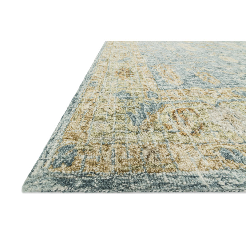 Tapis bleu / doré en laine crocheté à la main Fitzwater, Rectangle 7 pi 9 po x 9 pi 9 po