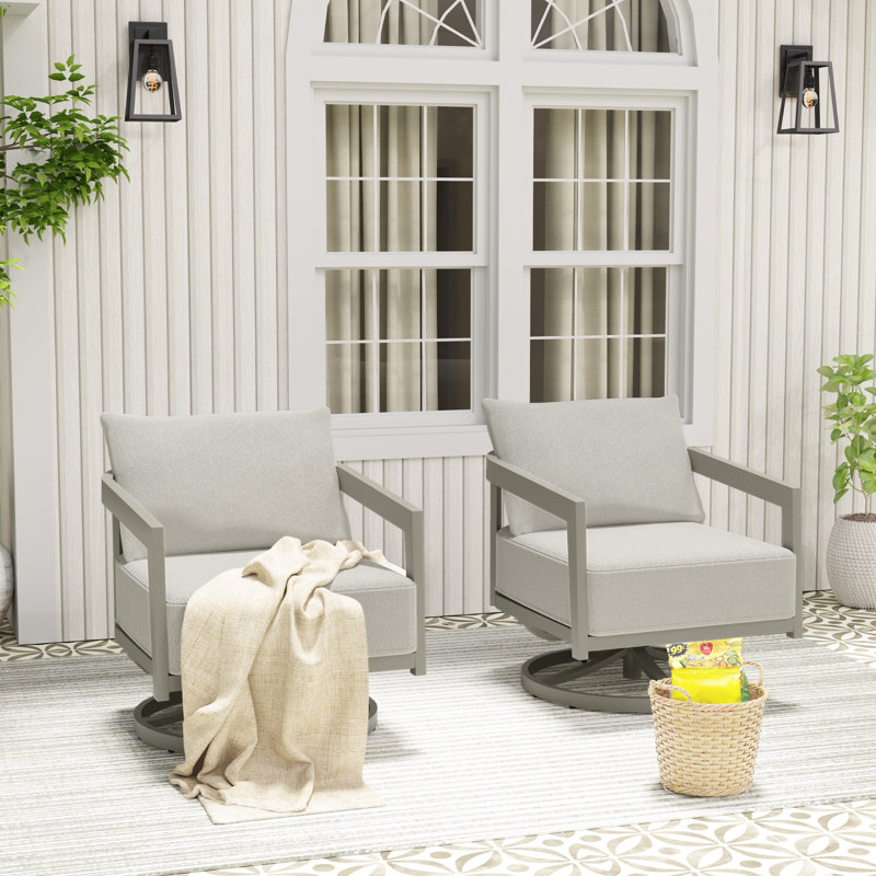 Heitzman 2-Piece Aluminum Outdoor Patio Swivel Chair With Gray Cushions