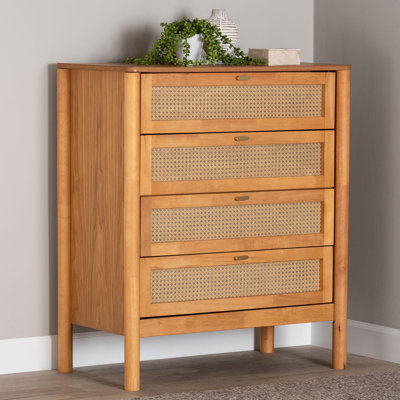 Betzayda Baxton Studio Jenn Golden Brown Wood Japandi 4-Drawer Chest With Distressed-Finished Rattan