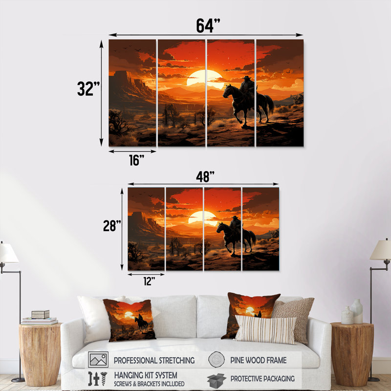 «Sunset Wild Westcowboy II - Cowboys», ensemble de 4 décorations murales, H 28 po x l 48 po