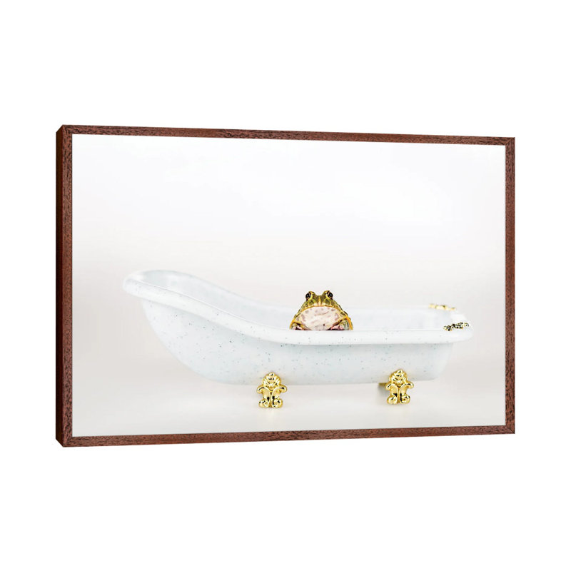 Cute Green Frog In Small Luxury Bathtub Isolated by IgorVetushko - Print on Canvas, Classic Brown Wood Framed