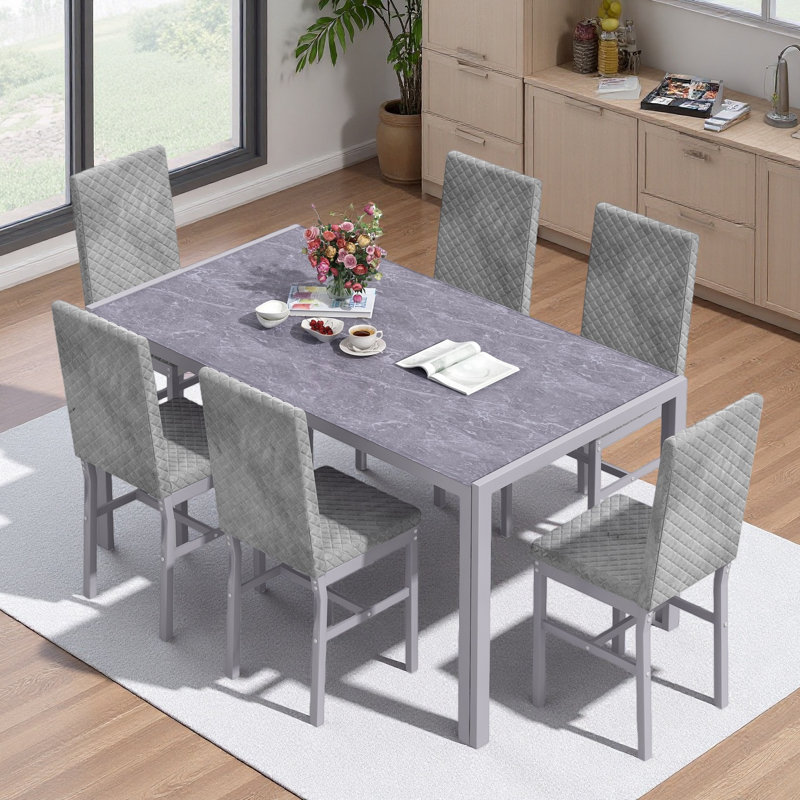 Ensemble de table de salle à manger pour 6, 7 pièces avec 6 chaises à dossier, table de salle à manger moderne et chaises pour petits espaces Kitchen