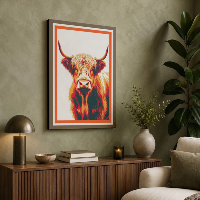 Highland Cattle Gaze Boho - Wrapped Canvas, 18x12 - 45.7 x 30.5 cm, Teal Border
