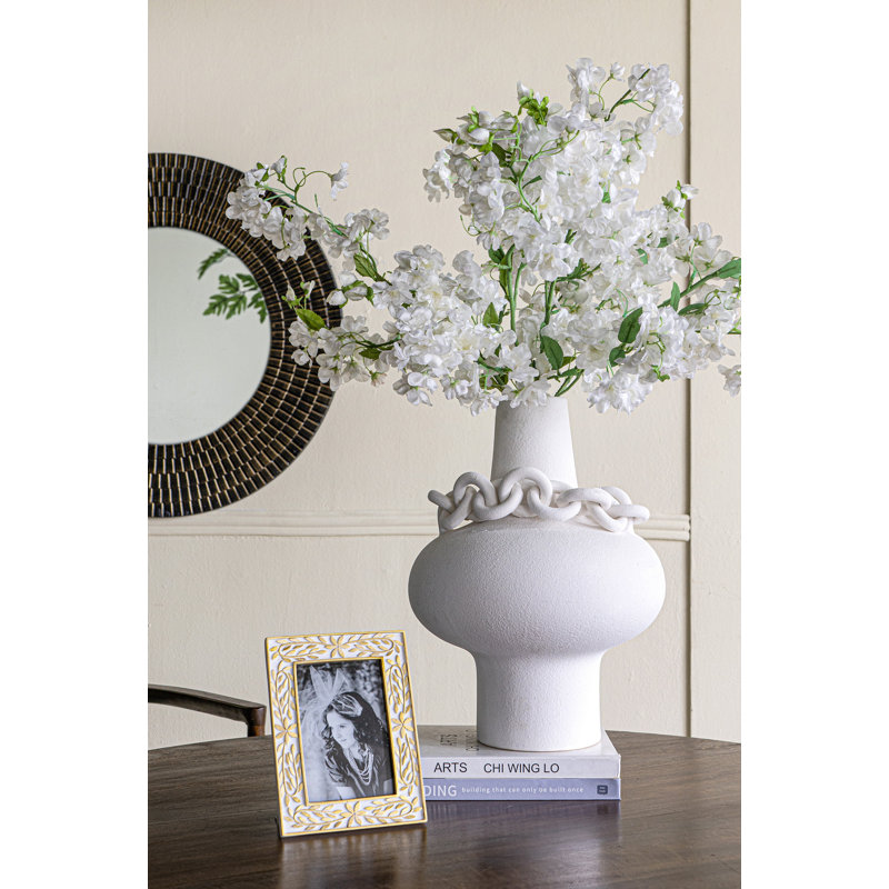 12X12x15.5" Round White Ceramic Vase With Sculptural Chain Details