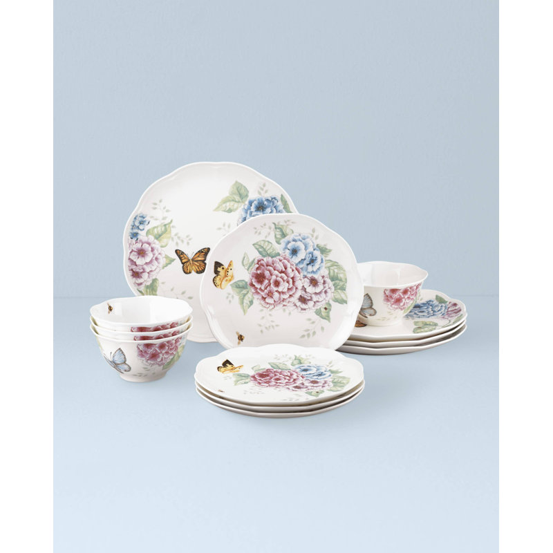 Butterfly Meadow Hydrangea 12-Piece Porcelain Dinnerware Set