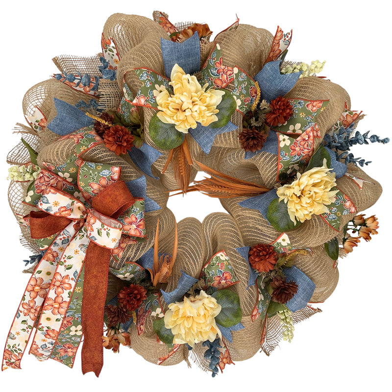 Couronne florale bleue et rouille toutes occasions fabriquée à la main