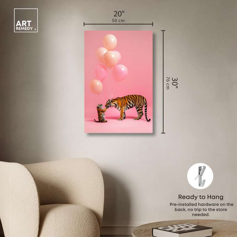 Joyful Wilderness Pink Canvas Art with Tigers and Balloons
