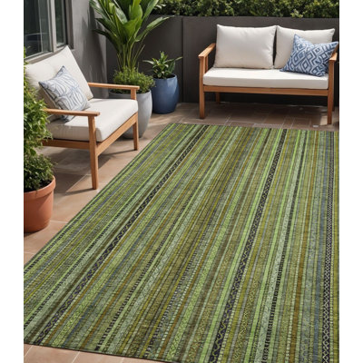 Tapis intérieur lavable rayé vert doré et gris 5 pi x 8 pi