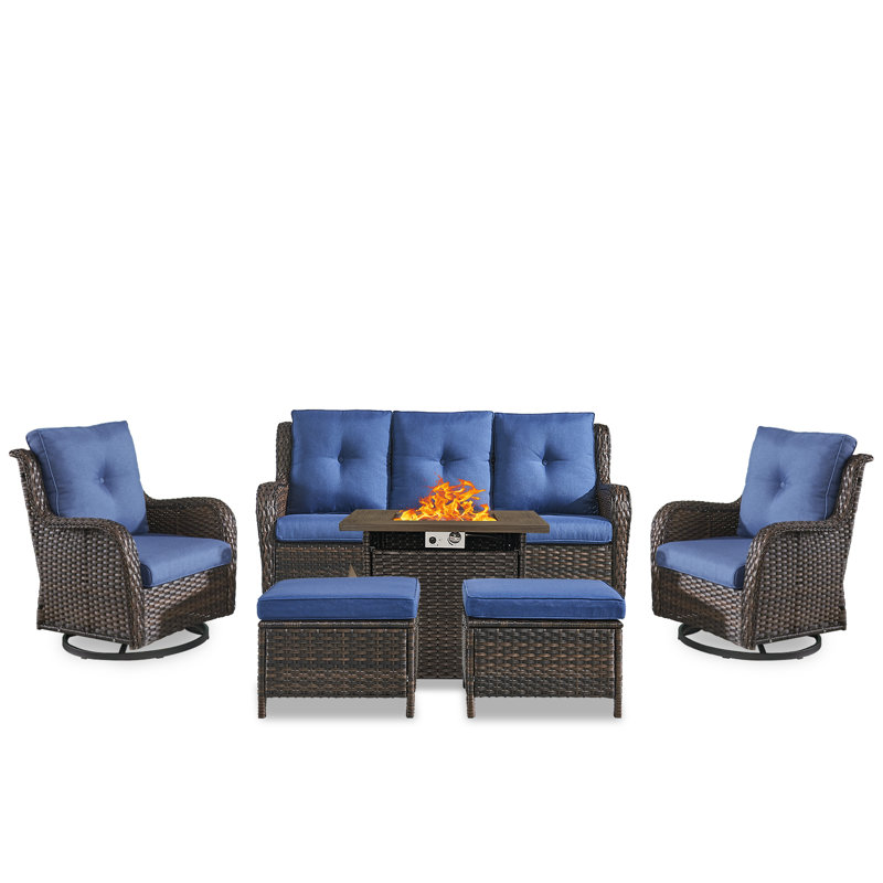 Carolina 5 - Person Sofa Seating Group With Fire Pit And Cushions, Blue