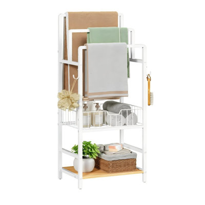 Porte-serviettes autoportant à 3 niveaux avec tablette de rangement, naturel et blanc