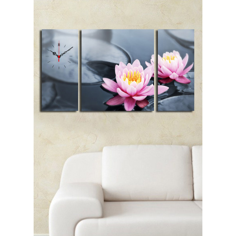 Horloge murale élégante en toile décorative (3 pièces), 33,5 po x 17,7 po | Toile 100% suède avec cadre 100% bois (épaisseur: 1,2 po) | Décoration élégante pour le salon et le bureau, design unique et horloge
