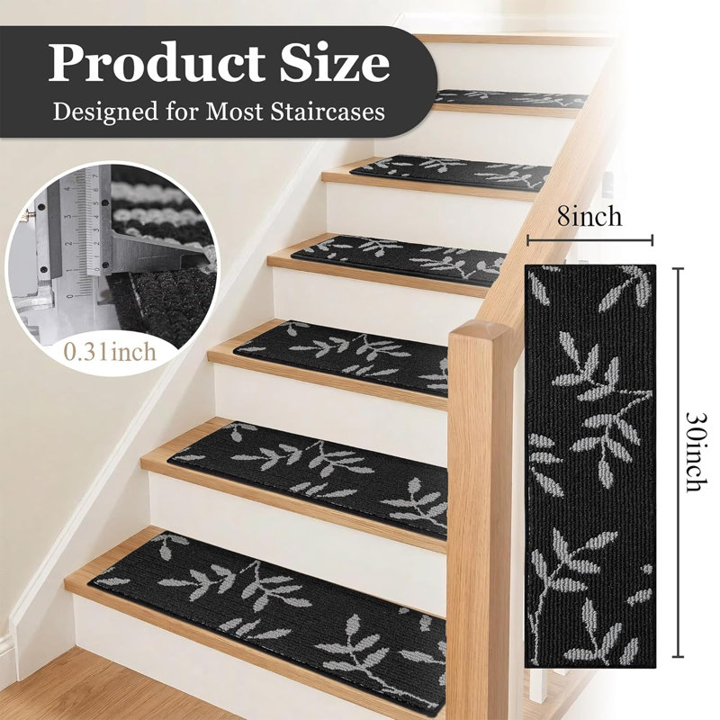 Tapis d'escalier antidérapant pour escalier en bois pour l'intérieur, 30 po x 8 po, Noir