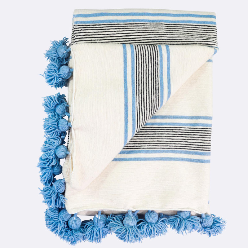 Hand Woven Blanket, White/Blue/Black
