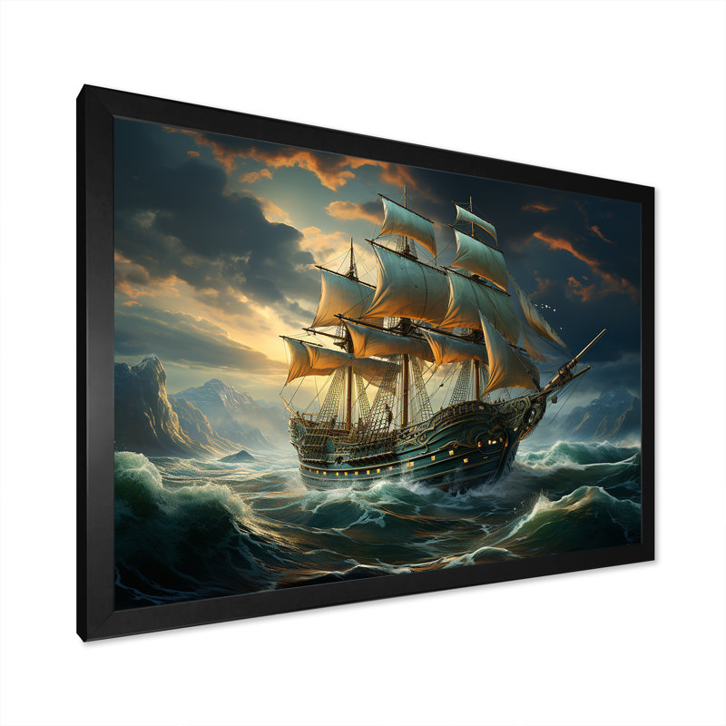 «Pirate Ship Legacy I», art mural pirate, Cadre d'angle fermé noir, H 24 po x l 32 po x P 1 po