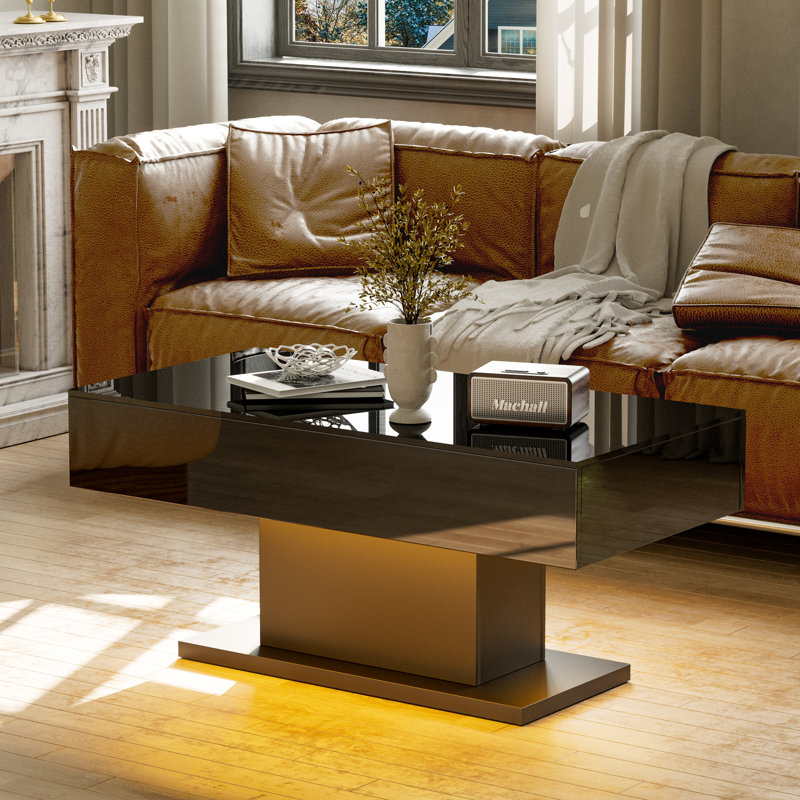 Table de salon moderne à DEL ultrabrillante avec 2 tiroirs de rangement, Noir, H 19,7 po x L 43 po x l 21,7 po