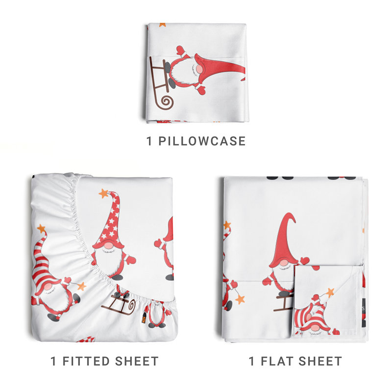 Christmas Sheet Set, Festive Holiday Bedding, Soft & Cozy, Wrinkle Free Bed Sheets, Gnome Red, Twin Sheet Set + 1 Pillowcase