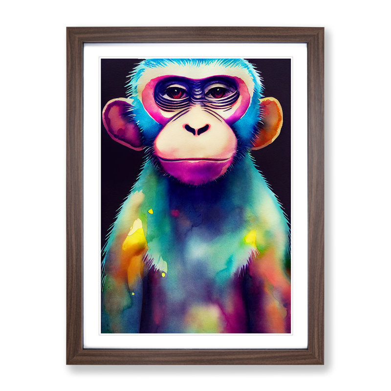 Neon Monkey No.5 - Single Picture Frame Painting, 34cm H x 25cm W x 2cm D, Walnut Framed