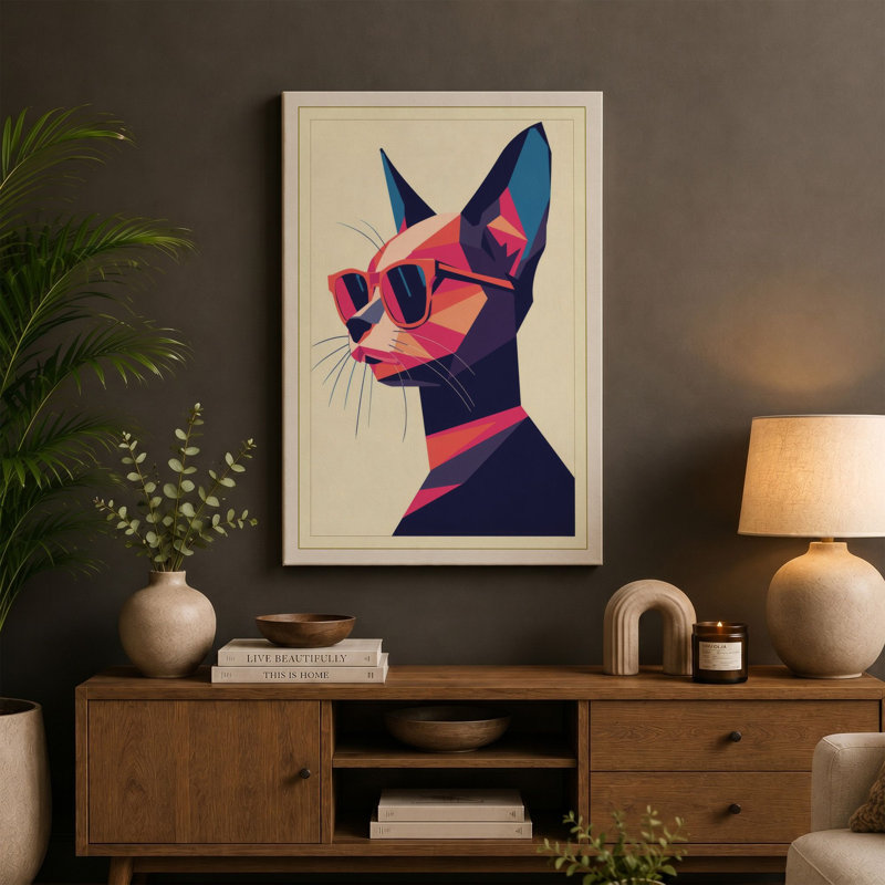 Cool Cat Geometric Art Deco - Wrapped Canvas, 30x20 - 76.2 x 50.8 cm, Sage Border