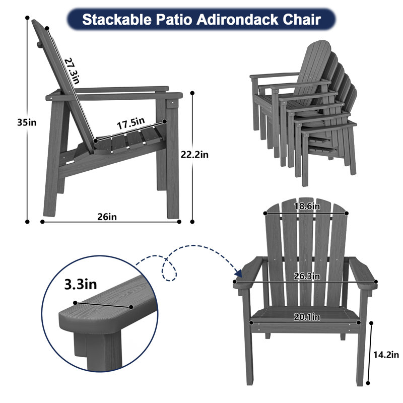 Stackable HDPE Adirondack Chair – Weather-Resistant Outdoor Seating for Patio, Lawn, or Fire Pit, Gray