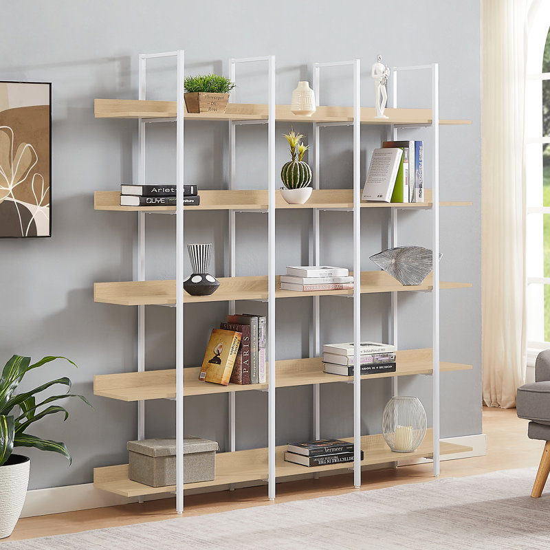 Bibliothèque à 5 niveaux avec bureau ouvert, Blanc / Chêne