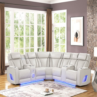 Canapé d'angle relax électrique de style moderne, haut-parleur Bluetooth, éclairage DEL, bois et métal, fonction de massage incluse - Beige
