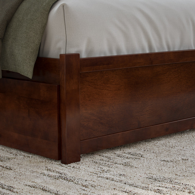 Nantucket Solid Wood Platform Bed with Panel Footboard and Storage Drawers, Walnut, Queen