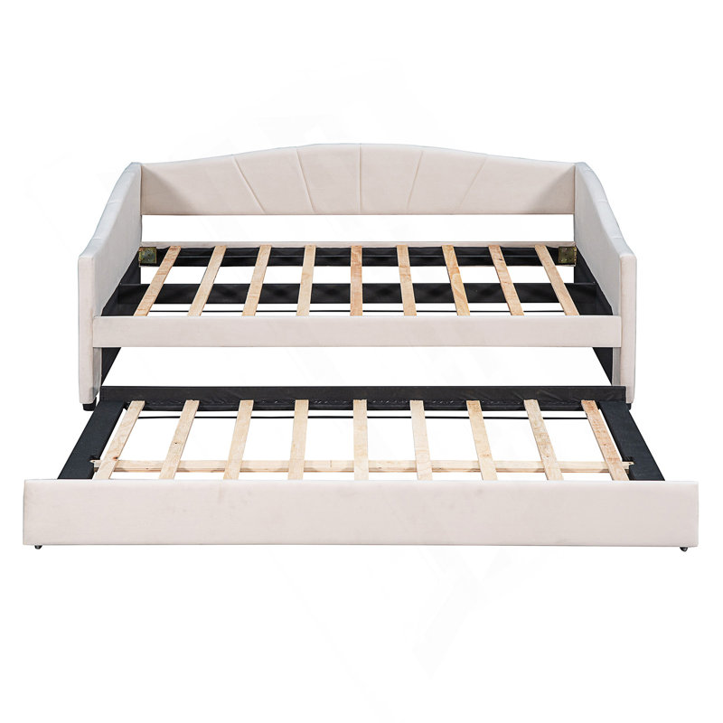 Lit de jour rembourré avec lit gigogne et lattes de bois pour un sommeil confortable et peu encombrant, Beige