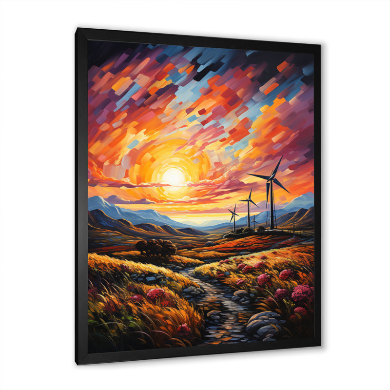 " Wind Turbines Whirling Skies II ", 32" H x 16" W x 1" D, Black Single Picture Framed