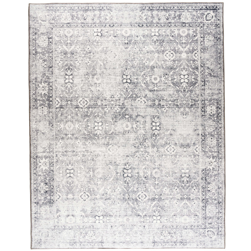 Roshun Noor Vintage Machine Washable Area Rugs, Rectangle 4' x 6', Silver Ivory