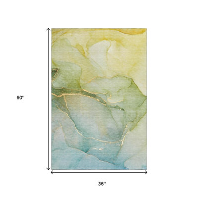 3' X 5' Green And Ivory Abstract Washable Area Rug With UV Protection
