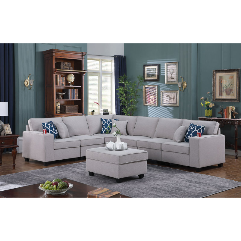 Modular Sofa with Ottoman, Linen, Light Gray