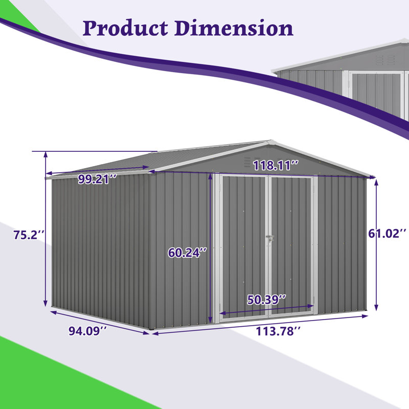 Remise de rangement extérieure en métal, H 76,2 po x l 113,78 po x P 93,5 po, Gris