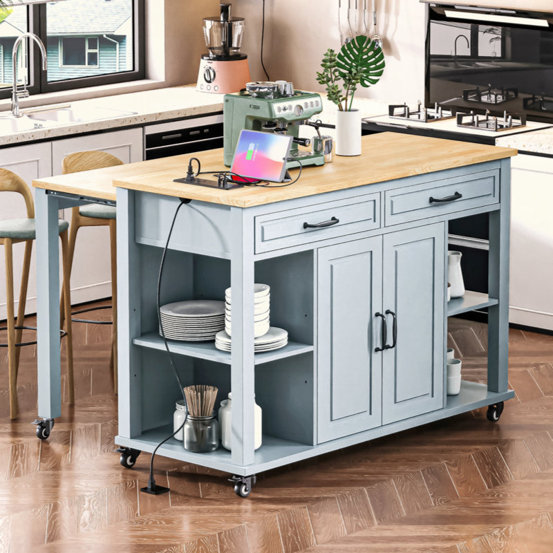 Îlot de cuisine de 47 po avec table de salle à manger extensible, table de cuisine en placage de bois d'hévéa avec support de rangement interne, prise de courant, îlot de cuisine avec rangement 2 tiroirs et 2 armoires