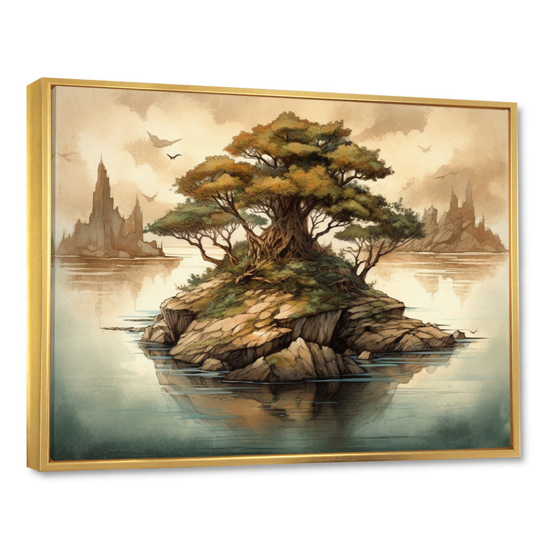 «Ruttger Bonsai Tree Island I», reproduction sur toile, H 34 po x l 44 po x P 1,5 po, Cadre flottant doré