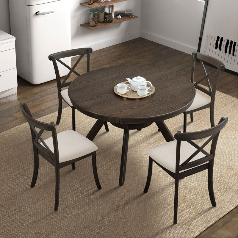 Table de salle à manger de 47,24 po en bois d'hévéa rond pour 4 à 6 personnes avec base à tréteaux en bois, table de salle à manger en bois moderne pour la salle à manger et le salon (1 table)